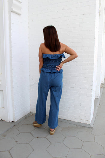 Klesis Smocked Top with Ruffles Jumpsuit in Denim