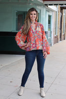 THML Floral Print Top in Red Amber