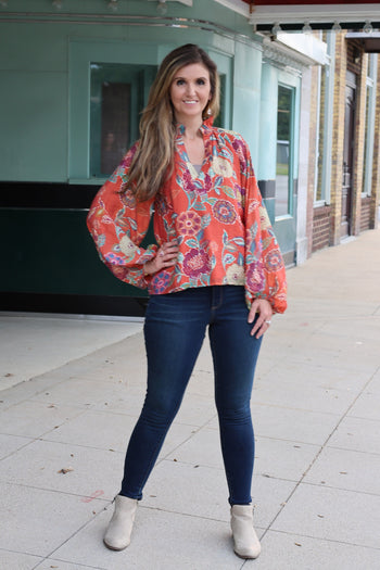 THML Floral Print Top in Red Amber