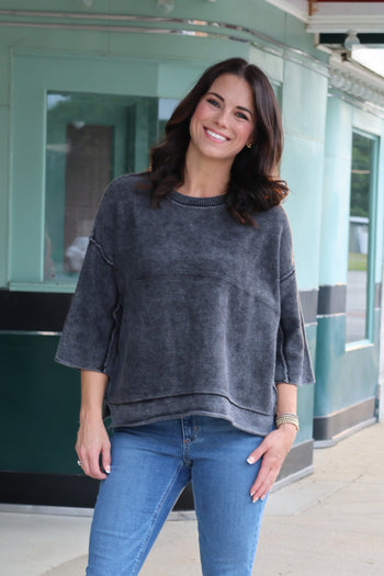 Mineral Washed Knit Boxy Sweater in Black