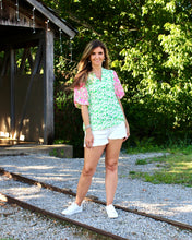 Load image into Gallery viewer, VOY Abstract Print Top with Floral Embroidered Sleeves in Green
