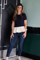 Sunday Edition Knit Sweater and Woven Cotton Mixed Top in Navy-Cream