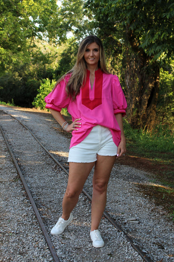 Entro Solid Color Top with Contrasting Color Details in Hot Pink