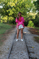 Entro Solid Color Top with Contrasting Color Details in Hot Pink