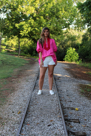 Entro Solid Color Top with Contrasting Color Details in Hot Pink