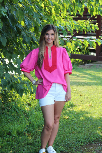 Entro Solid Color Top with Contrasting Color Details in Hot Pink
