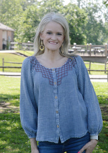 Easel Cotton Gauze Embroidered Top in Washed Denim Shirts & Tops Easel   