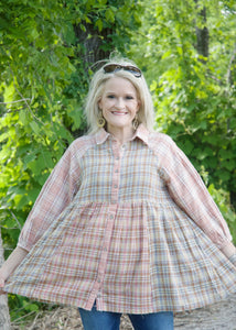 Easel Mixed Plaid Print Tunic Top in Rose Grey Shirts & Tops Easel   