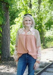 Easel Babydoll Top with Mixed Print Details in Terra Cotta Shirts & Tops Easel   