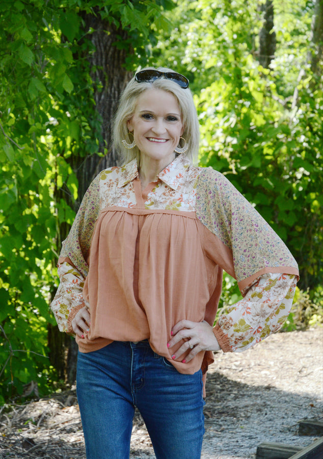 Easel Babydoll Top with Mixed Print Details in Terra Cotta Shirts & Tops Easel   