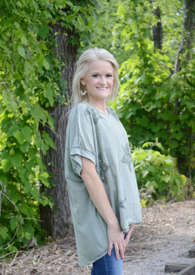 Yolly Textured Star Top in Sage Shirts & Tops Yolly   