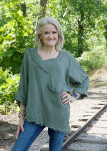 Yolly Linen and Knit Top with Frayed Details in Olive Green Shirts & Tops Yolly   
