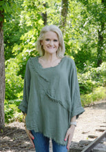 Load image into Gallery viewer, Yolly Linen and Knit Top with Frayed Details in Olive Green Shirts &amp; Tops Yolly   
