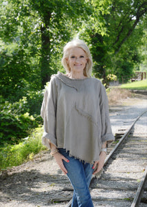 Yolly Linen and Knit Top with Frayed Details in Taupe Shirts & Tops Yolly   