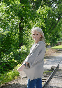 Yolly Linen and Knit Top with Frayed Details in Taupe Shirts & Tops Yolly   