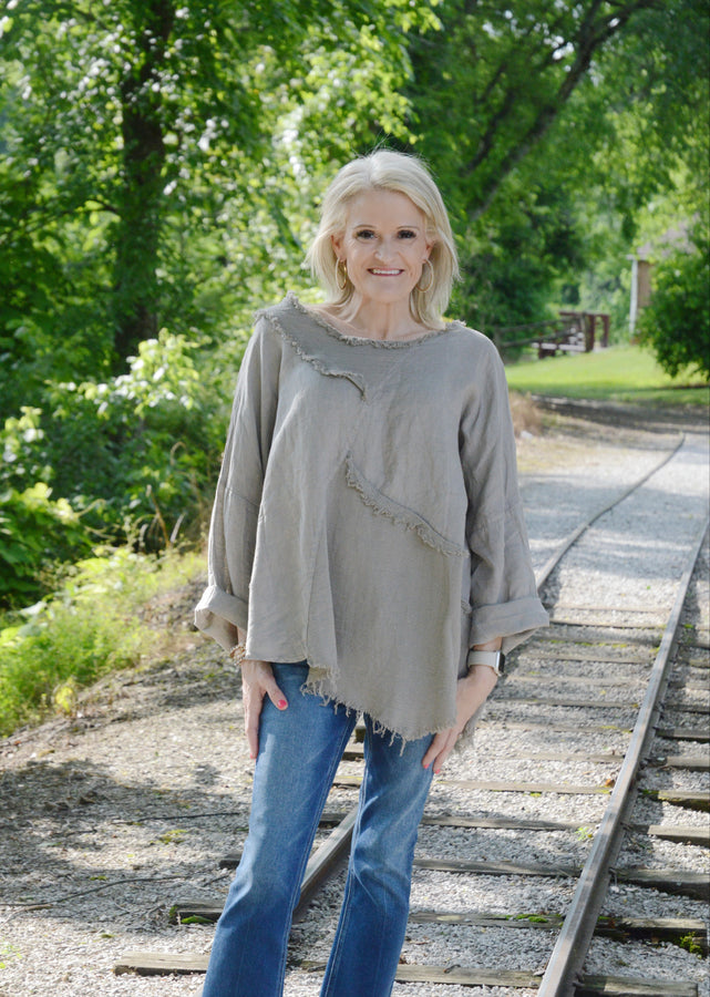 Yolly Linen and Knit Top with Frayed Details in Taupe Shirts & Tops Yolly   