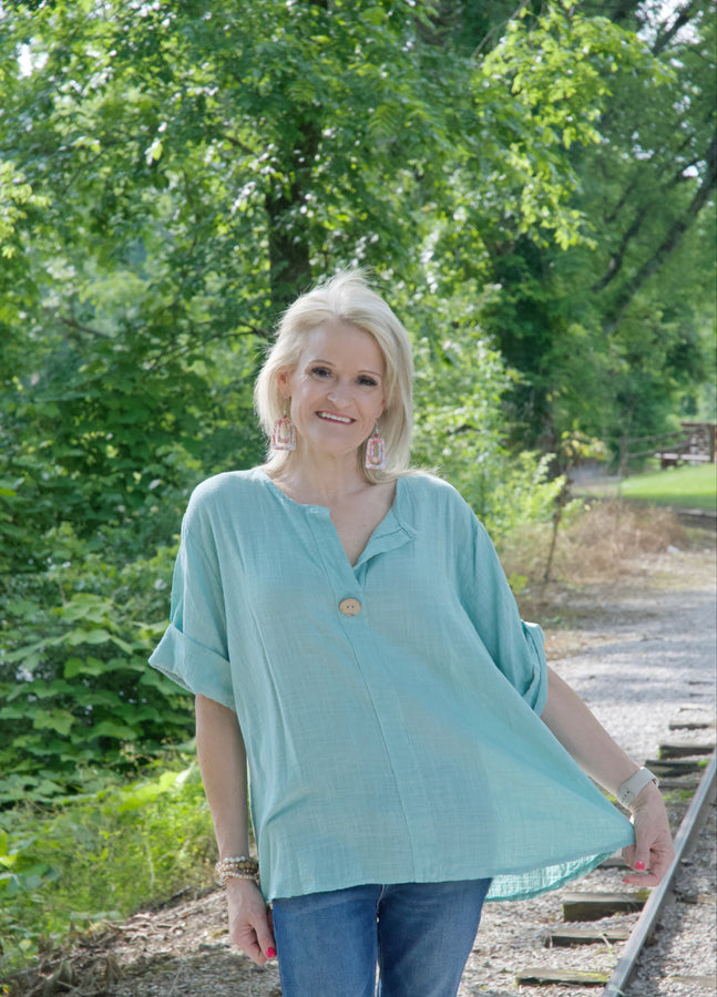 Yolly Cotton Top with Button Details in Sage Green Shirts & Tops Yolly   