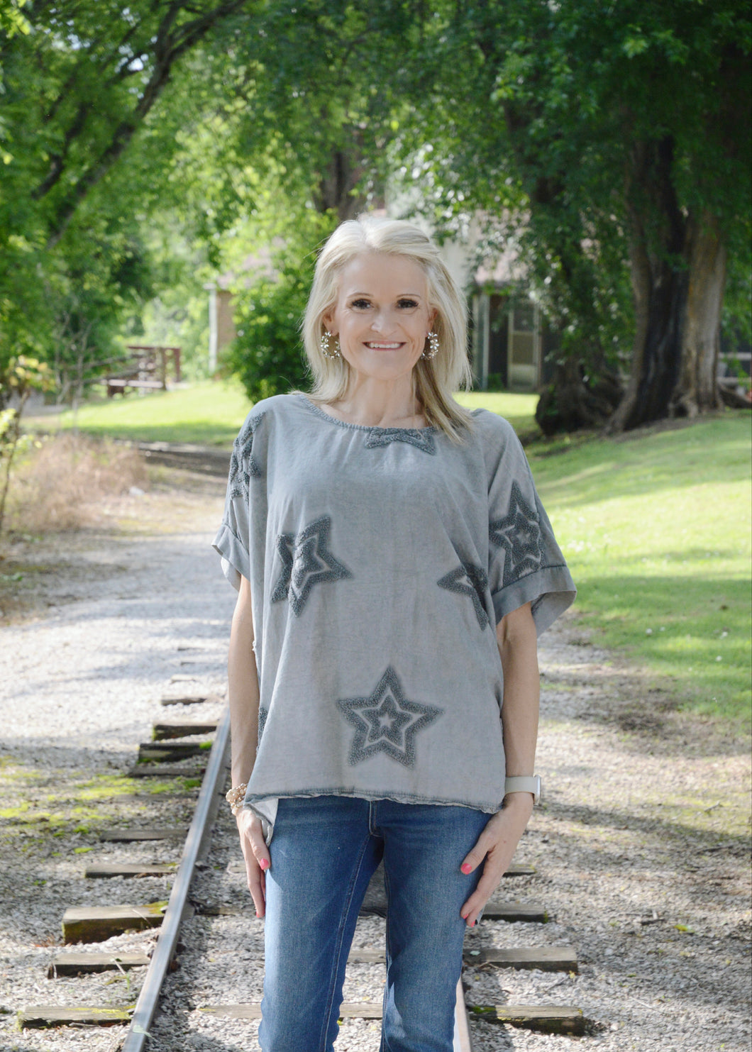 Yolly Textured Star Top in Charcoal Shirts & Tops Yolly   