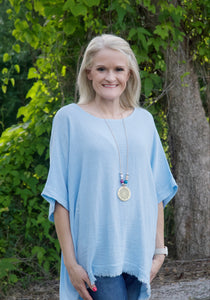 Yolly Cotton Blend Mixed Fabric Top in Blue Shirts & Tops Yolly   