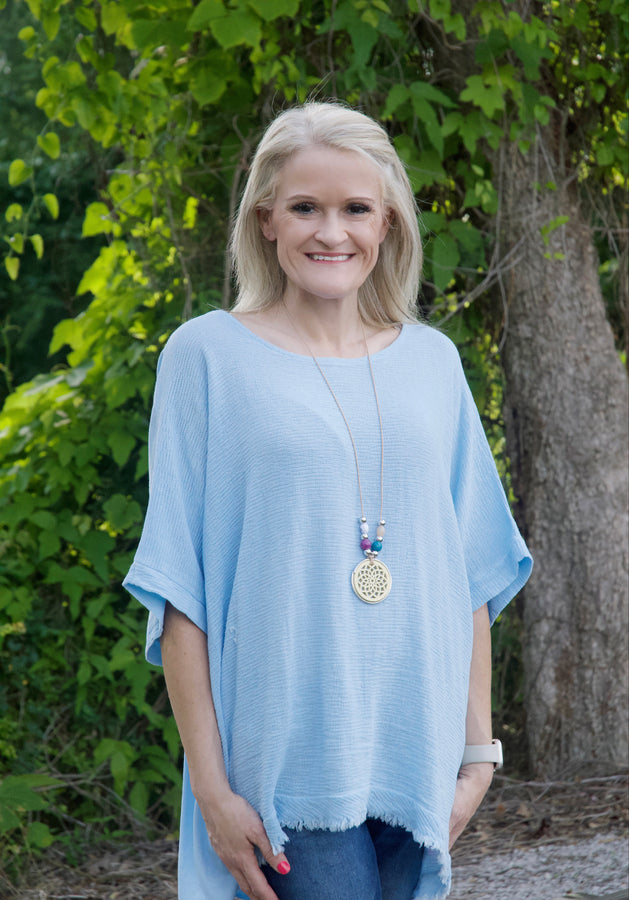 Yolly Cotton Blend Mixed Fabric Top in Blue Shirts & Tops Yolly   