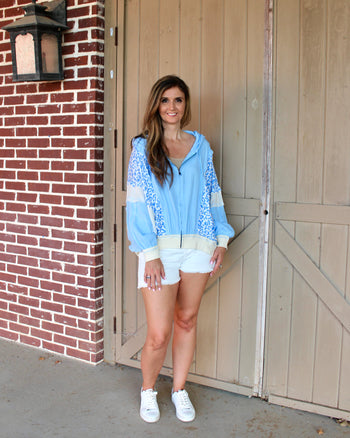 BiBi OVERSIZED Crinkle Gauze and Leopard Color Block Zip Up Hooded Jacket in Blue