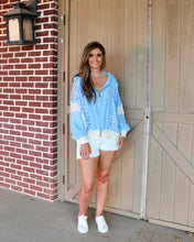 Load image into Gallery viewer, BiBi OVERSIZED Crinkle Gauze and Leopard Color Block Zip Up Hooded Jacket in Blue
