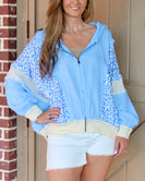 BiBi OVERSIZED Crinkle Gauze and Leopard Color Block Zip Up Hooded Jacket in Blue