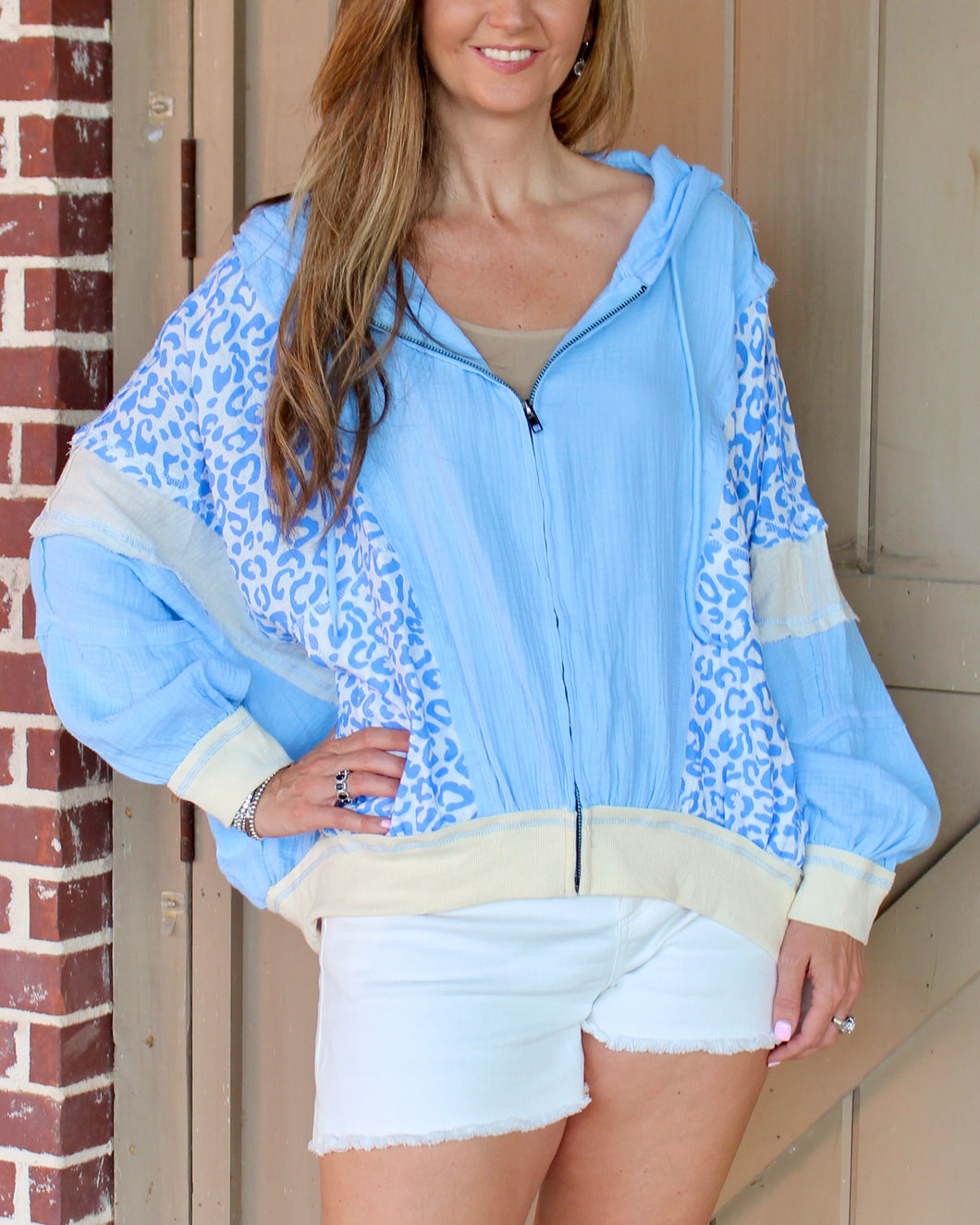 BiBi OVERSIZED Crinkle Gauze and Leopard Color Block Zip Up Hooded