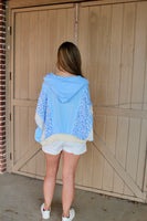 BiBi OVERSIZED Crinkle Gauze and Leopard Color Block Zip Up Hooded Jacket in Blue