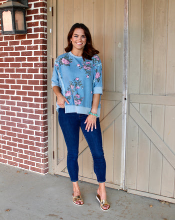 BiBi OVERSIZED Denim Floral Print Top in Denim