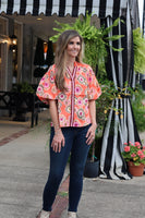 THML Mixed Print Top with Contrasting Stripe Details in Red Amber