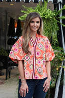 THML Mixed Print Top with Contrasting Stripe Details in Red Amber