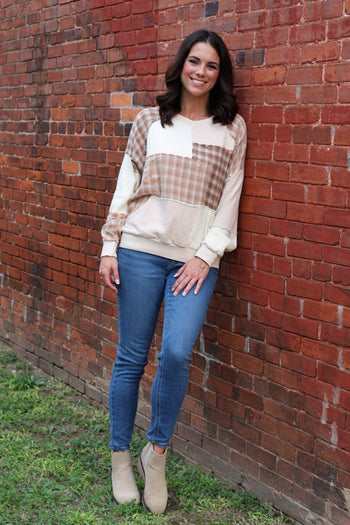 Easel Mix N Match Patchwork Pullover Top in Oatmeal