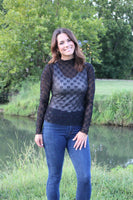 Oddi Sheer Mesh Top with Tonal Bow Embroidery in Black