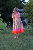 VOY Abstract Print Maxi Dress with Multi Colored Stripe Details in Taupe