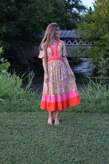VOY Abstract Print Maxi Dress with Multi Colored Stripe Details in Taupe