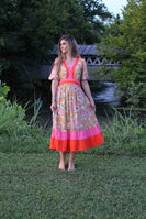 VOY Abstract Print Maxi Dress with Multi Colored Stripe Details in Taupe