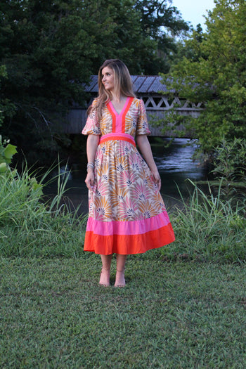 VOY Abstract Print Maxi Dress with Multi Colored Stripe Details in Taupe