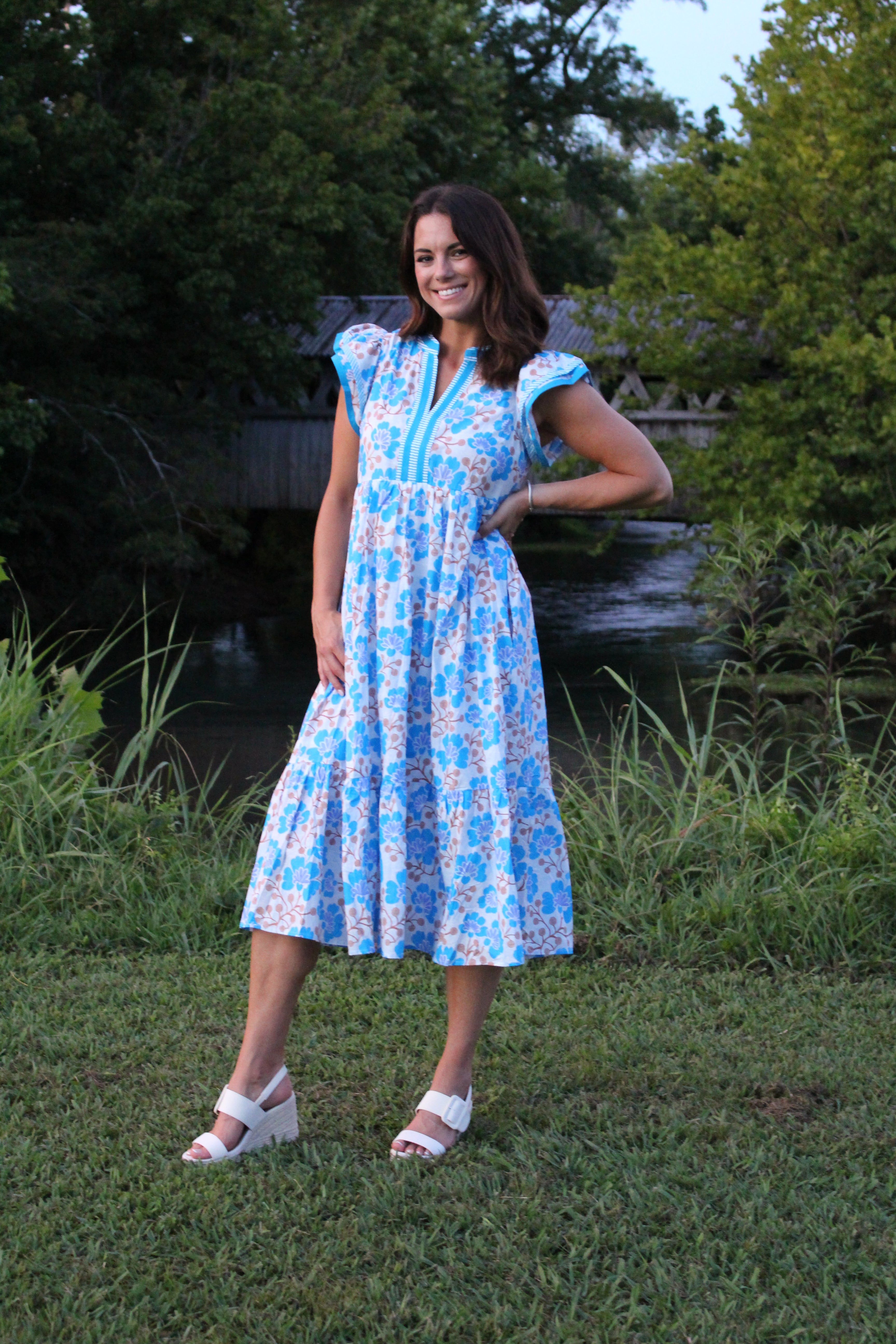 Entro Floral Print Tiered Midi Dress in Blue – June Adel