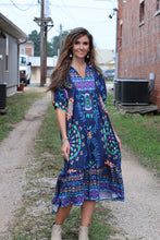 Load image into Gallery viewer, GiGio Mixed Abstract Print Midi Dress in Navy/Sky Blue

