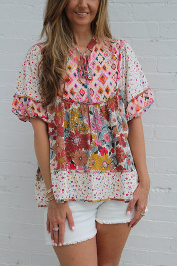 BiBi Mix n Match Print Peasant Top in Rose Mix