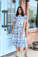 Jodifl Abstract Print Tiered Midi Dress in Blue