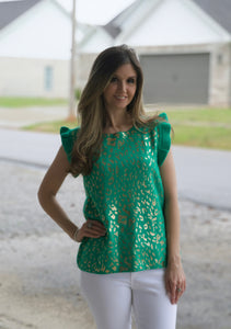 Jodifl Metallic Leopard Print Knit Top in Emerald Shirts & Tops Jodifl   