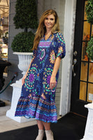 GiGio Mixed Abstract Print Midi Dress in Navy/Sky Blue