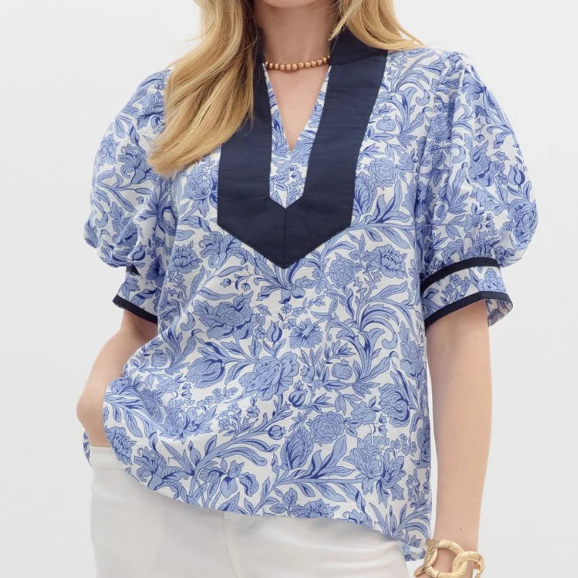 Entro Floral Print Top with Contrasting Accents in Blue