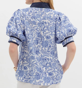 Entro Floral Print Top with Contrasting Accents in Blue