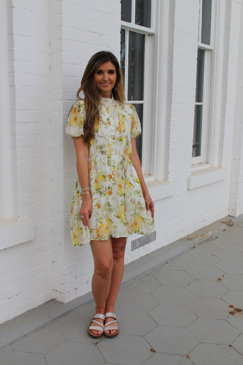 Cozy Co. Floral Print A-Line Chiffon Mini Dress in Yellow