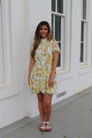Cozy Co. Floral Print A-Line Chiffon Mini Dress in Yellow