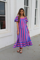Peach Love Contrasting Bold Stripe Maxi Dress in Royal/Pink