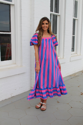 Peach Love Contrasting Bold Stripe Maxi Dress in Royal/Pink